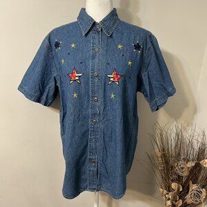 Vtg Mary Jane Denim Button Up Shirt Dark Wash Blue Embroidered Stars Flag Sz M